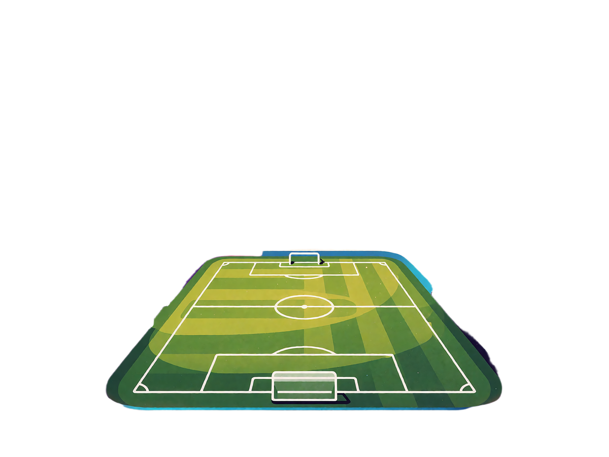 Neon-illustration af et oplyst fodboldstadion om aftenen med gr&oslash;n bane og projekt&oslash;rer til V.Vegas sportsbook