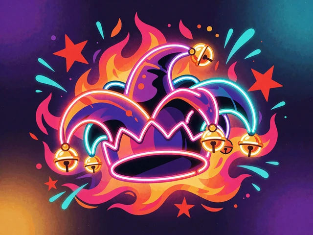 Neon-illustration af en narrehue med guldklokker omgivet af flammer og r&oslash;de stjerner - miniature for Joker Stoker