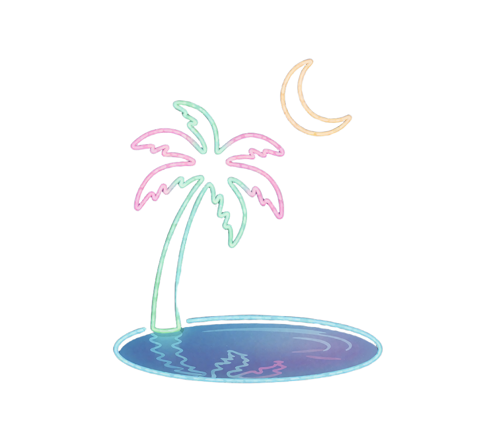 Neon-illustration af en palme, en tynd halvm&aring;ne og en rolig vandpyt om natten - et stille &oslash;jeblik med ansvarligt spil