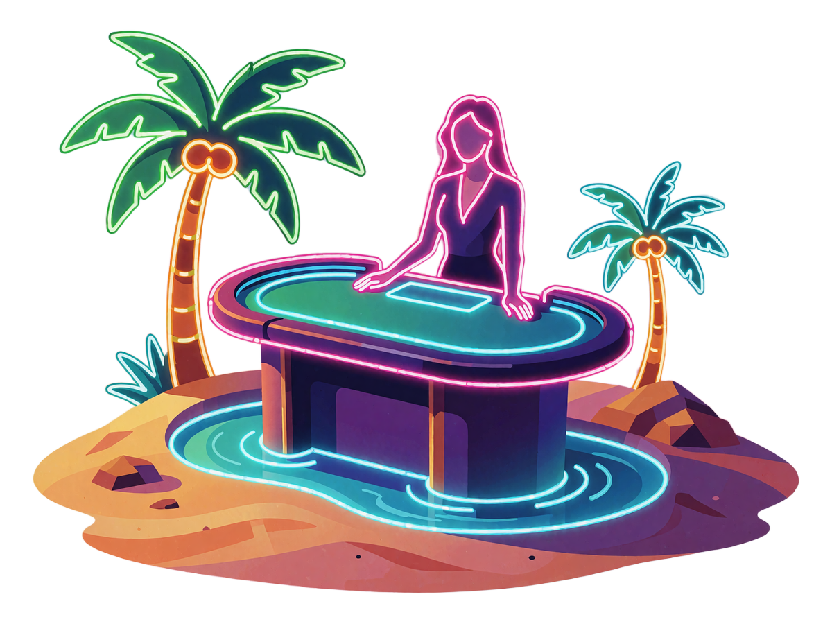 Neon-illustration af et live casino-bord med en dealer-silhuet p&aring; en lille &oslash;rken-oase med palmer og vand