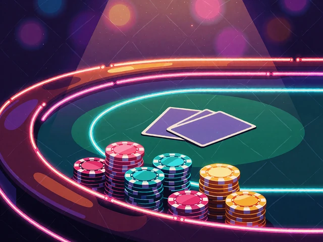 Neon-illustration af et gr&oslash;nt kortbord med jetonstakke og to nedadvendte kort - miniature for live blackjack hos V.Vegas