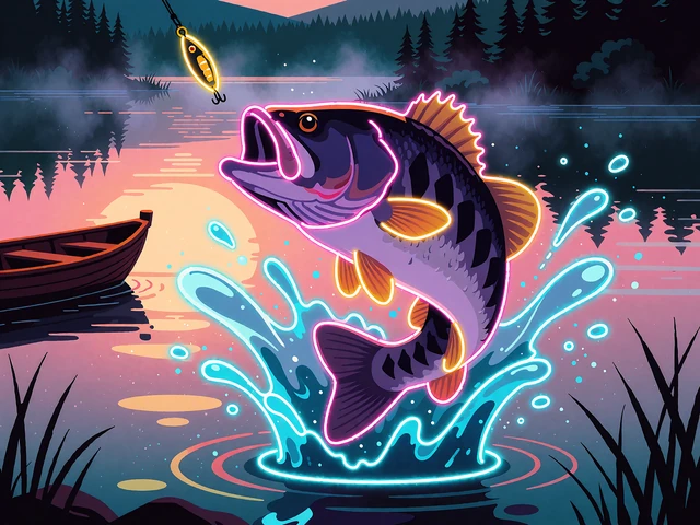 Neon-illustration af en gr&oslash;n bas, der springer op af en m&aring;nelyst s&oslash; med cyan vandspr&oslash;jt - miniature for Big Bass Splash