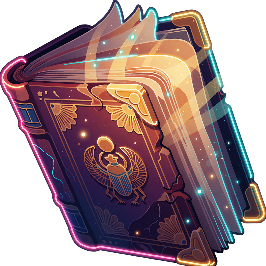 Neon-illustration af en &aring;ben, gammel l&aelig;dercoverbog med gylden gl&oslash;d, der symboler de 50 gratis spins p&aring; Book of Dead