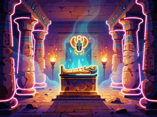 Neon-illustration af et egyptisk gravkammer med guldsarkofag og sv&aelig;vende skarab&aelig; - miniature for Book of Dead