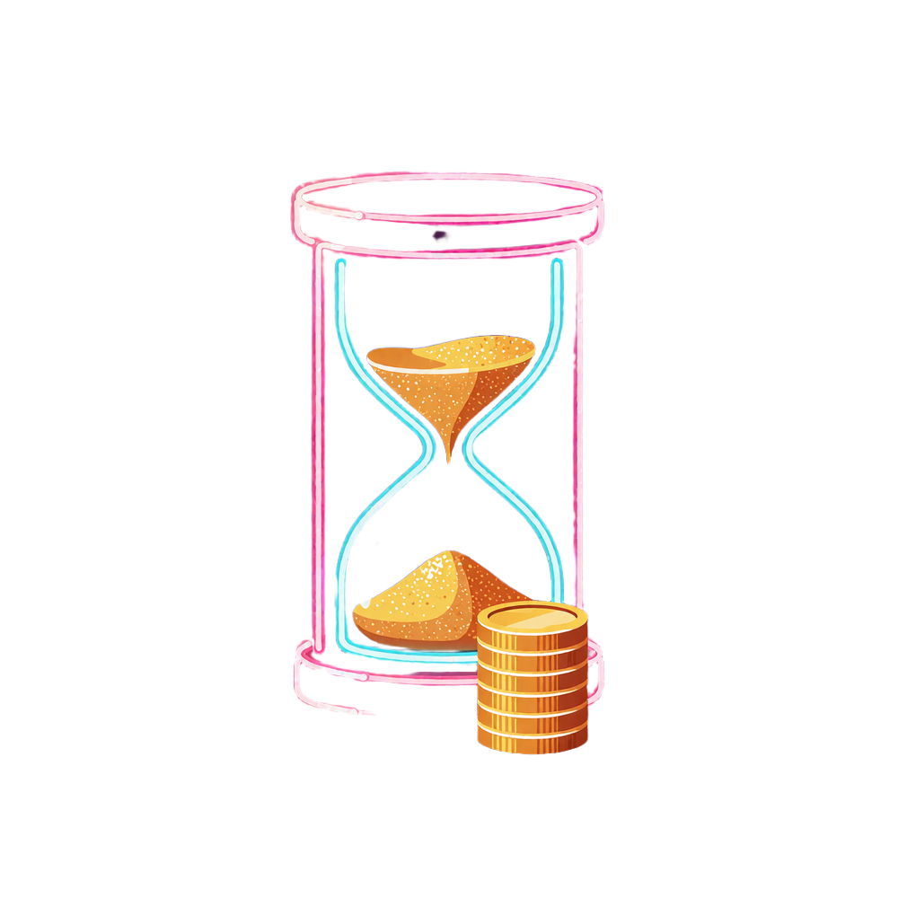 Neon-timeglas med gylden sand, der drysser ned p&aring; en stak guldm&oslash;nter - symbol p&aring; udbetalingstid hos V.Vegas