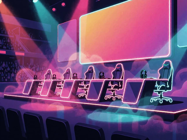 Neon-illustration af en tom eSport-scene med gamingstole og lyskastere i pink og cyan - miniature for sportsbook og eSport
